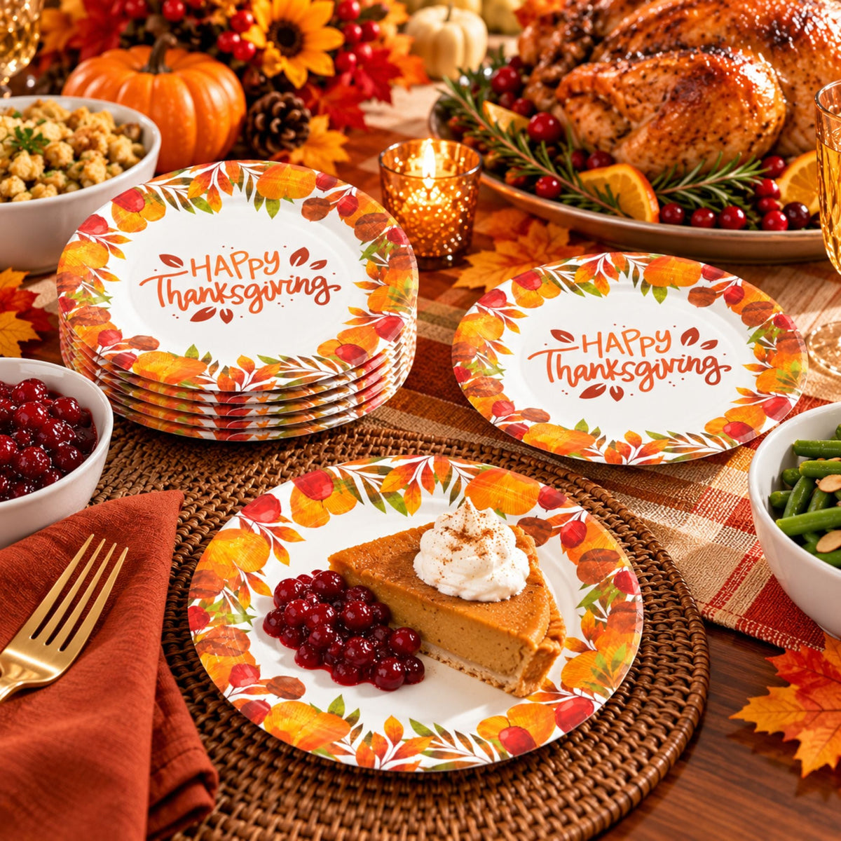Thanksgiving-themed paper plate set with a colorful autumn leaf border and 'Happy Thanksgiving' text, styled on a decorated Thanksgiving table with pie, cranberry sauce, corn, pumpkins, and a roasted turkey in the background.