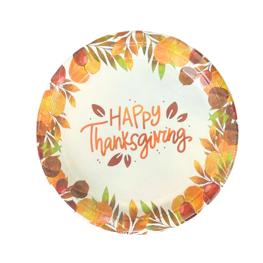 Happy Thanksgiving” Fall-Themed 7" Disposable Paper Desserts/Appetizer Plates-8CT