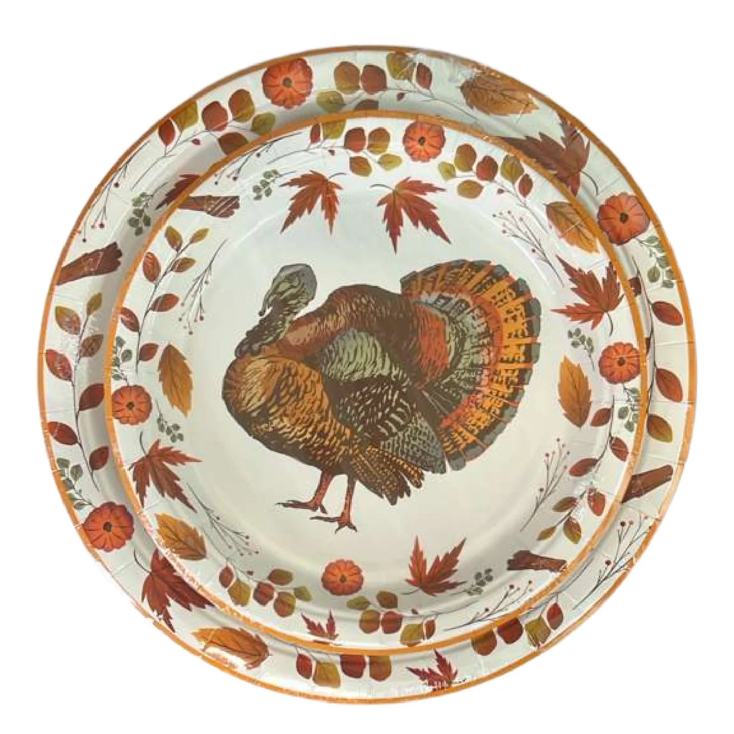 Decorative plate with a turkey design and autumn leaves on a white background