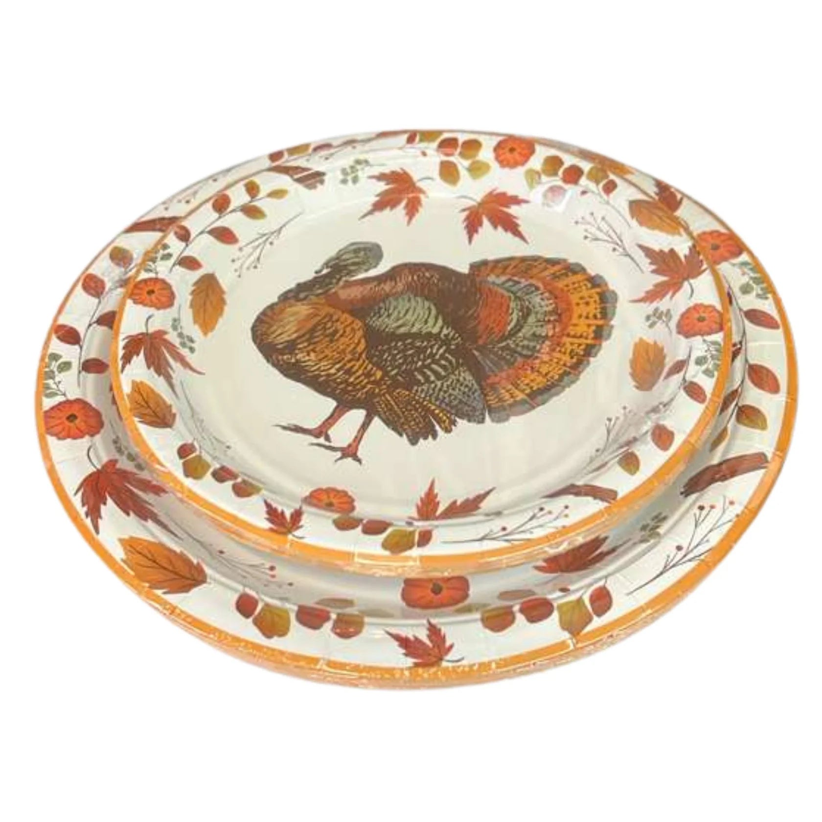 Decorative plate with a turkey design and autumn leaves on a white background