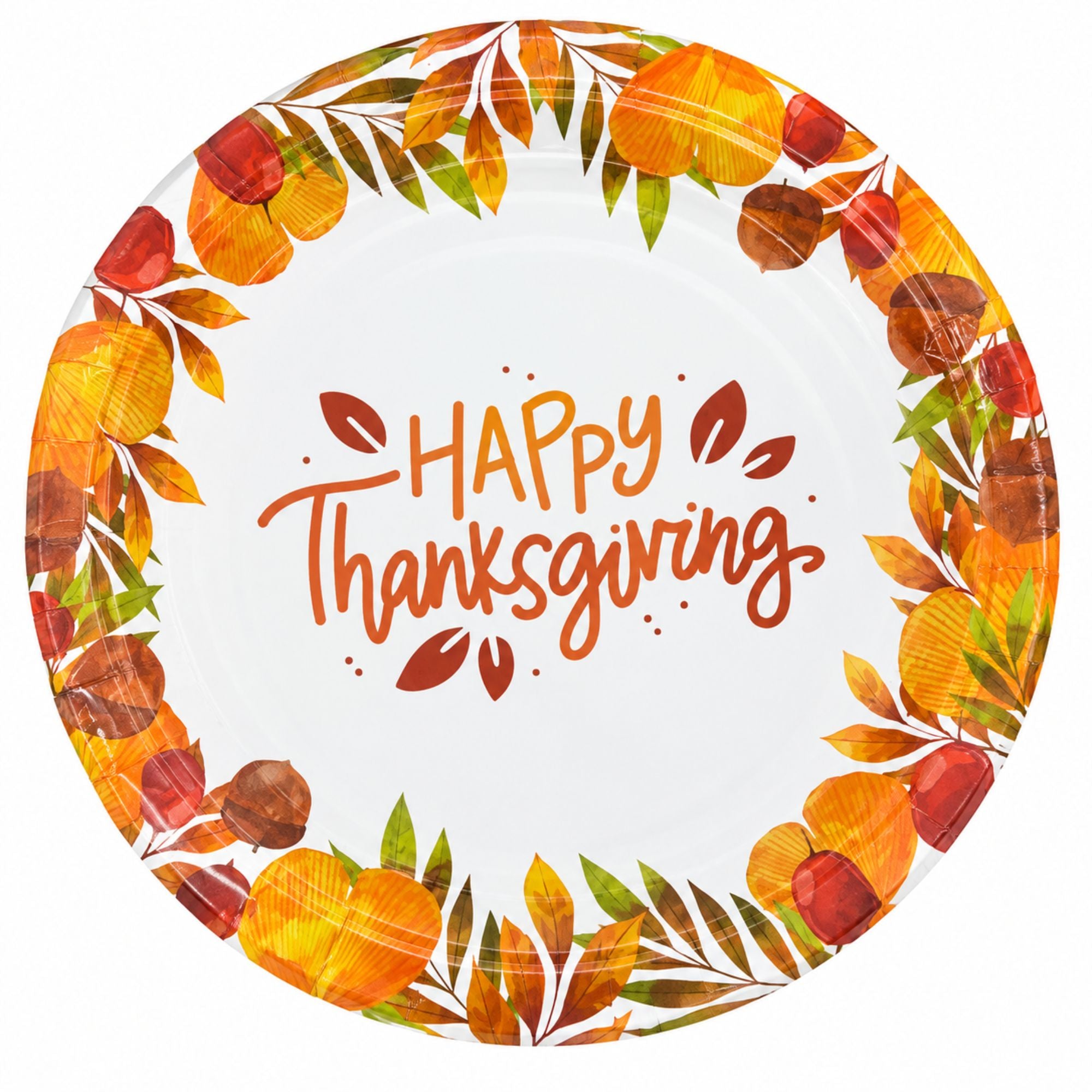 A round white paper plate featuring a colorful autumn wreath border with pumpkins, leaves, and the words “Happy Thanksgiving” in orange script, shown on a plain white background.