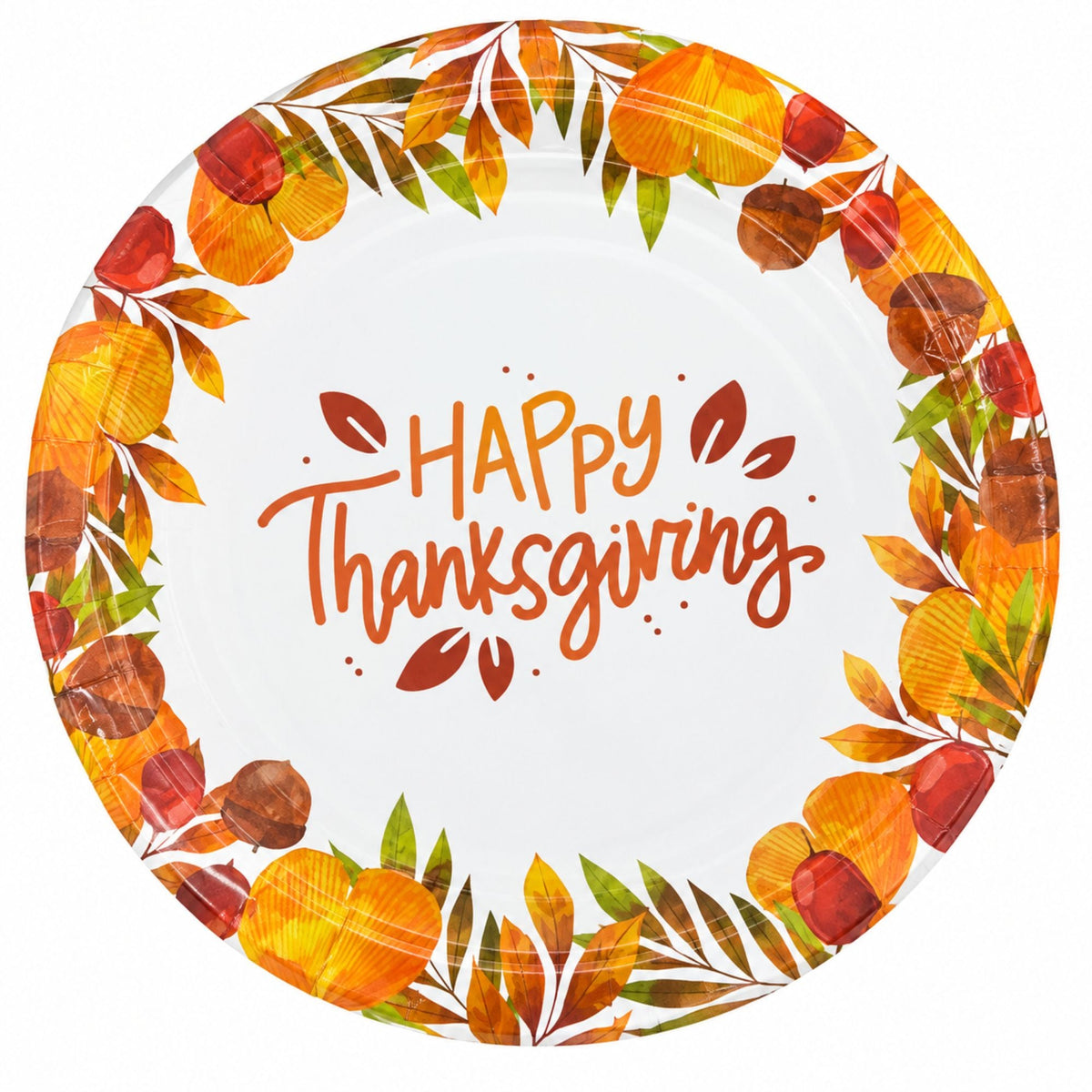 A round white paper plate featuring a colorful autumn wreath border with pumpkins, leaves, and the words “Happy Thanksgiving” in orange script, shown on a plain white background.