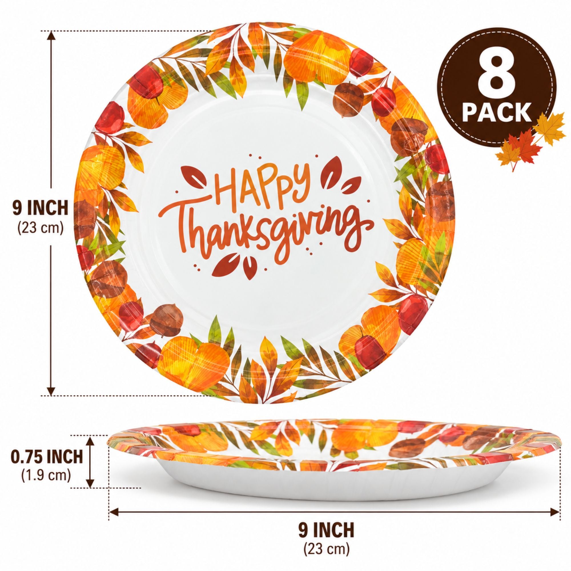 A 9-inch round Thanksgiving paper plate shown from the top and side, with an autumn wreath print and the words “Happy Thanksgiving” in the center. The image includes dimension labels, an “8 PACK” badge, and a white background.