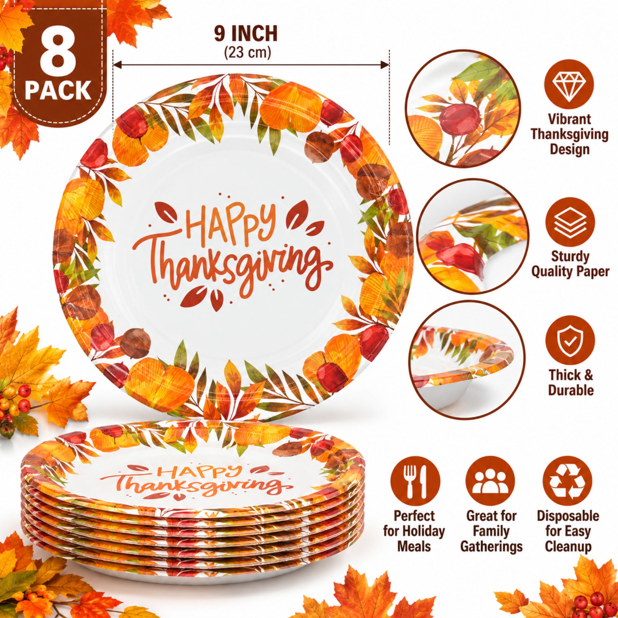 An 8-pack of 9-inch round paper plates with a colorful autumn Thanksgiving design, featuring orange and yellow leaves, pumpkins, and the text 'Happy Thanksgiving' on a white background with product feature callouts.