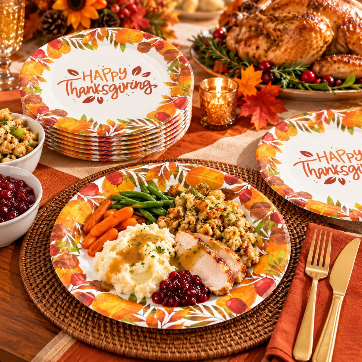 Thanksgiving table setting with printed paper plates and bowls featuring an autumn leaf pattern and the words 'Happy Thanksgiving.' A plated meal with mashed potatoes, stuffing, green beans, turkey, and cranberry sauce is shown on a woven placemat, alongside gold flatware and fall decorations.