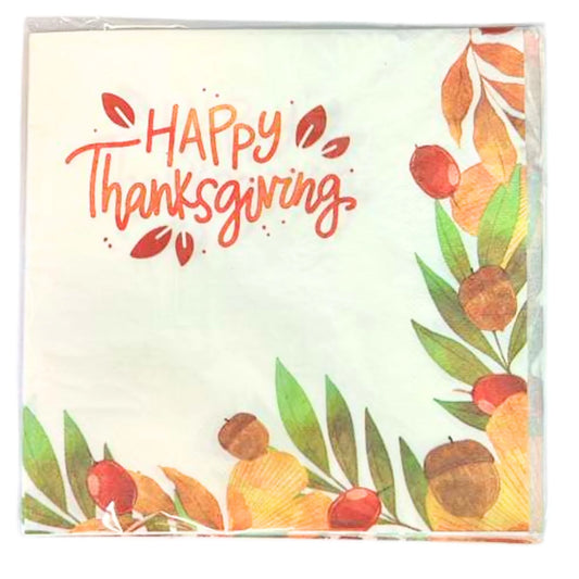 Greeting card with 'Happy Thanksgiving' text and autumn-themed illustrations on a white background.