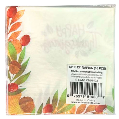 Packaged napkins with autumn design and Universal Distribution Center label.