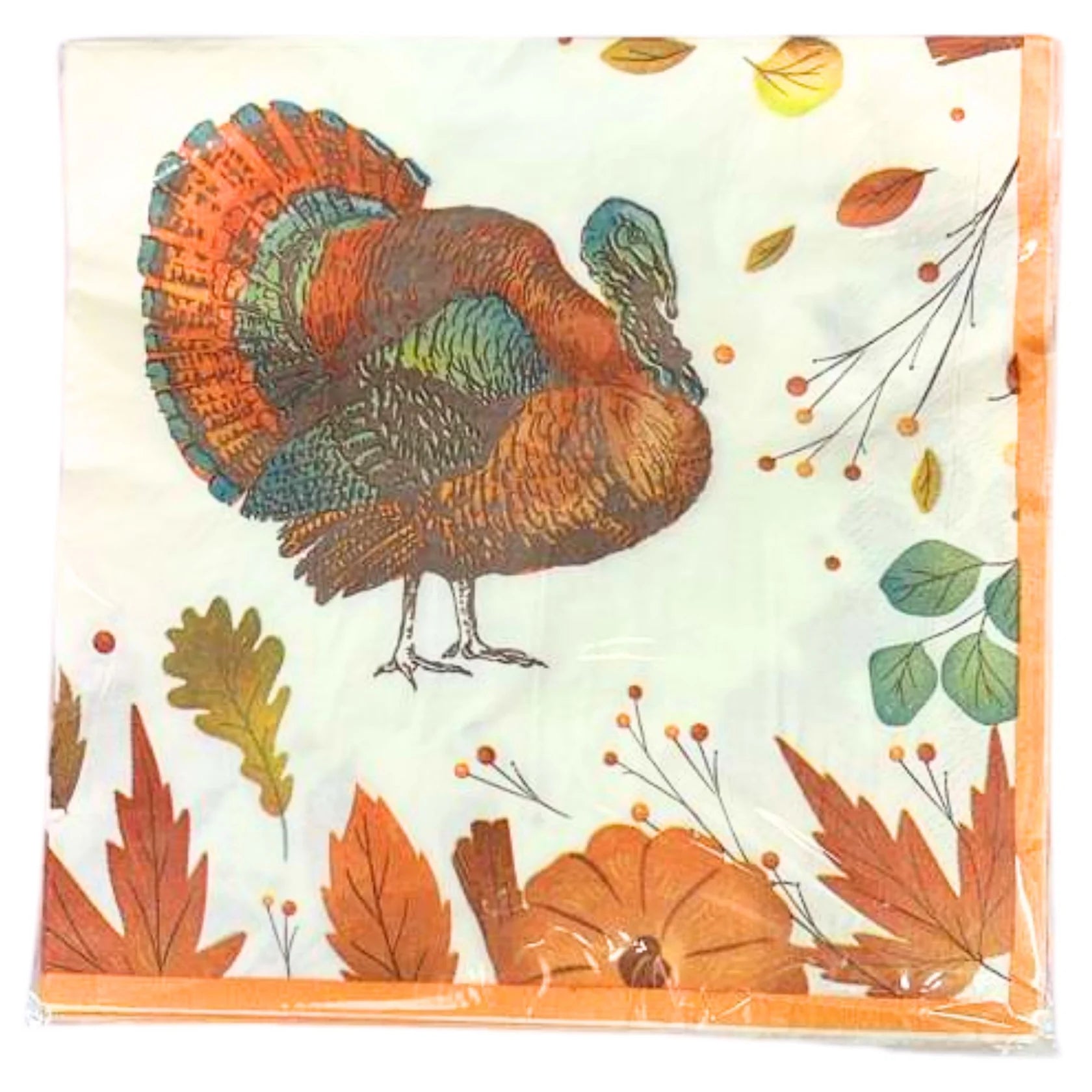 Napkin with a turkey design and autumn leaves on a white background