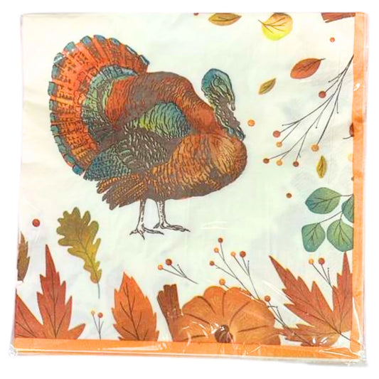 Napkin with a turkey design and autumn leaves on a white background