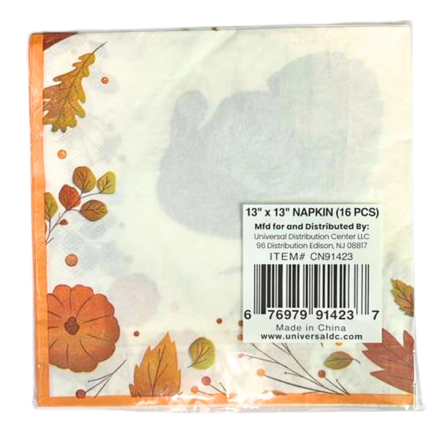 Packaged napkins with autumn design and product information label.