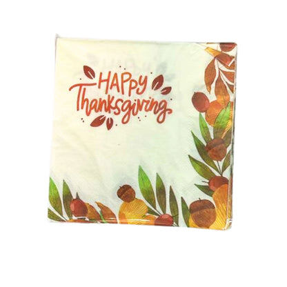 Napkin with 'Happy Thanksgiving' text and autumnal design on a white background