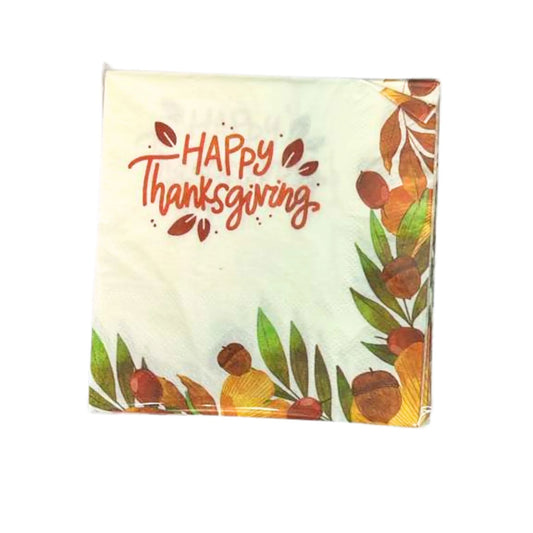 Napkin with 'Happy Thanksgiving' text and autumnal design on a white background