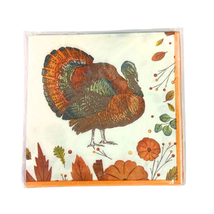 Card with a turkey illustration and autumnal design on a white background