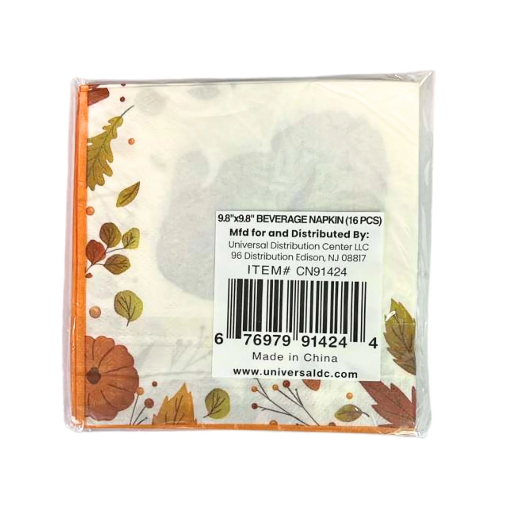 Packaged beverage napkins with fall-themed design and Universal Distribution Center label.