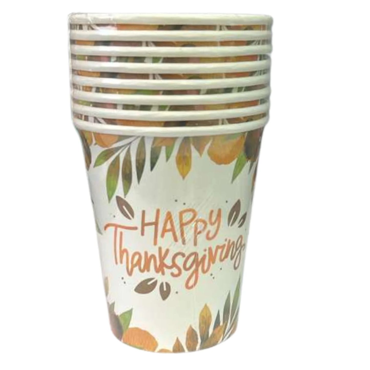 Paper cup with 'Happy Thanksgiving' text and autumn leaf design on a white background