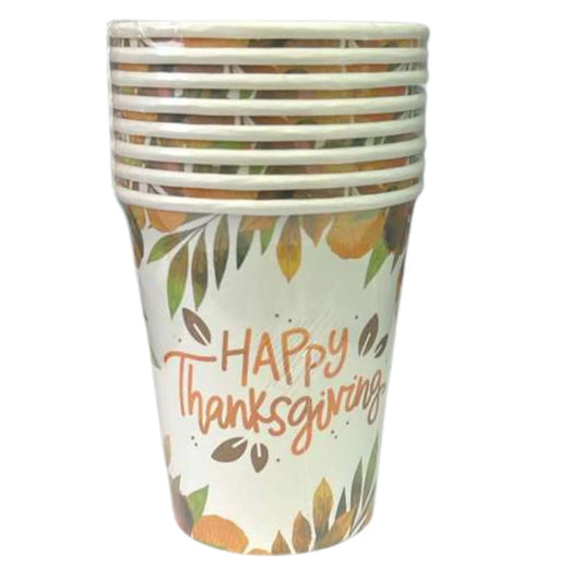 Paper cup with 'Happy Thanksgiving' text and autumn leaf design on a white background