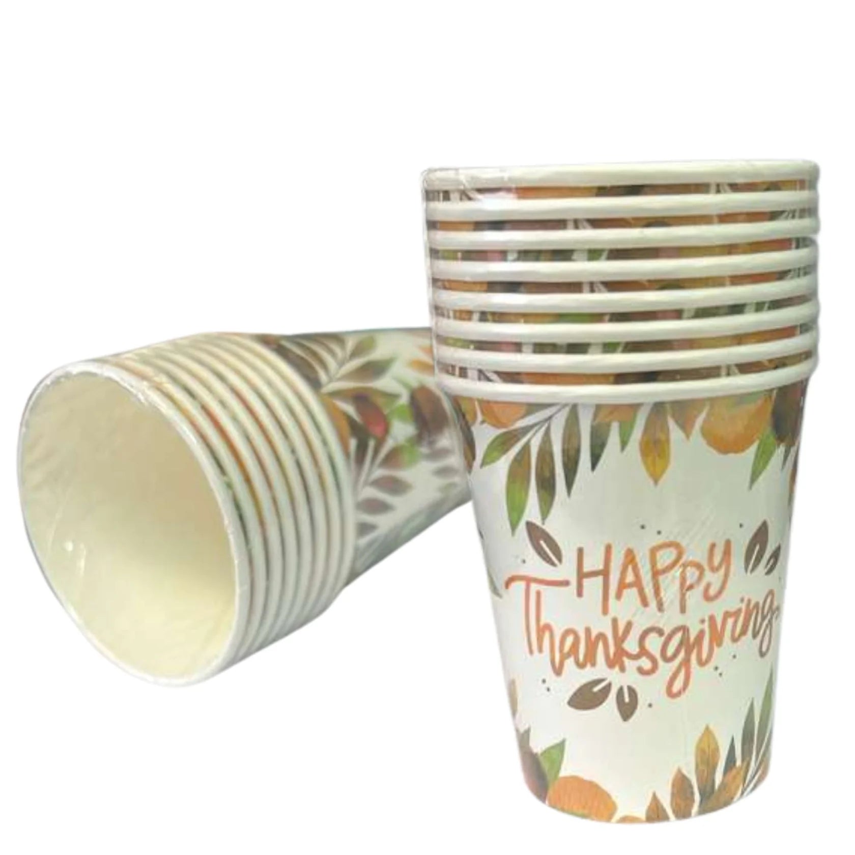Paper cups with 'Happy Thanksgiving' text and autumn leaf design on a white background