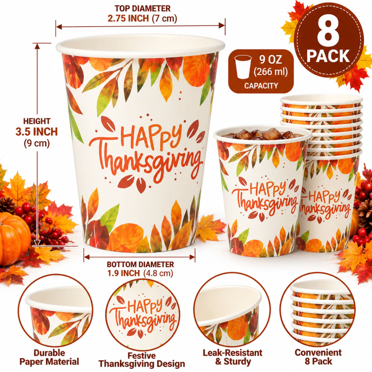 9 oz “Happy Thanksgiving” Disposable Paper Cups (8 Pack)!
