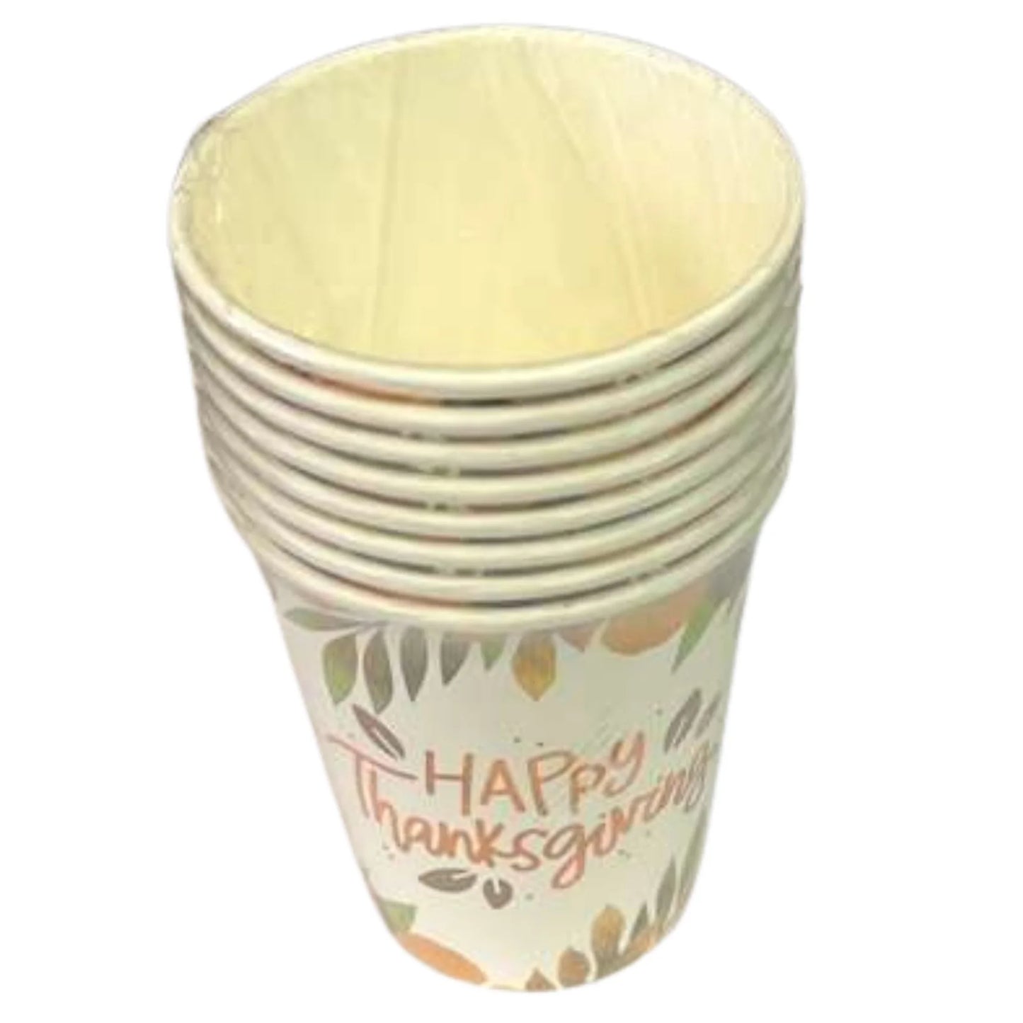 Set of paper cups with 'Happy Thanksgiving' design on a white background