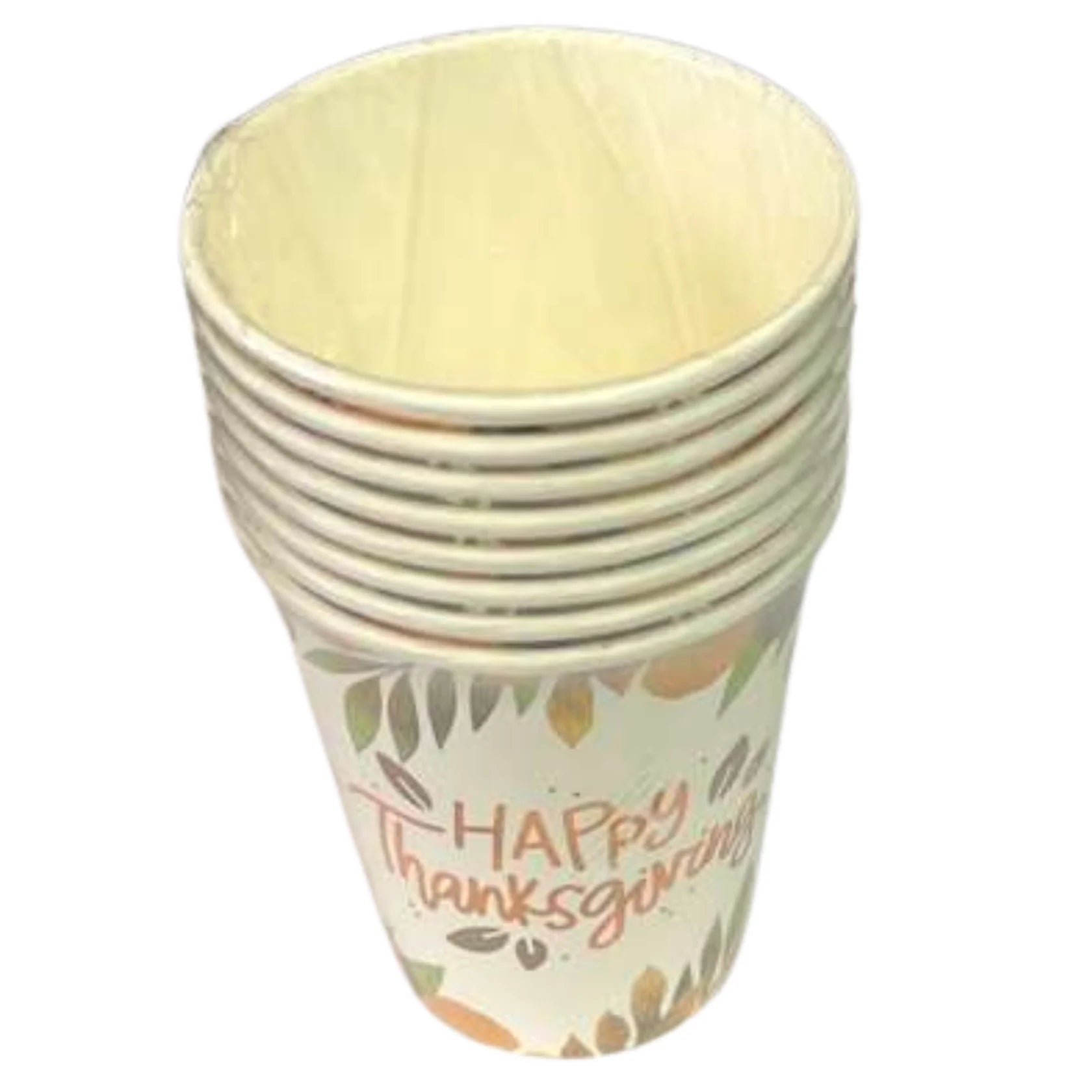 Set of paper cups with 'Happy Thanksgiving' design on a white background