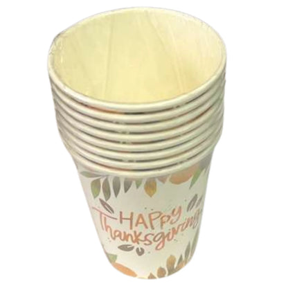 Set of paper cups with 'Happy Thanksgiving' design on a white background