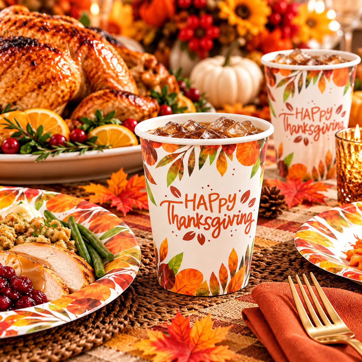 9 oz “Happy Thanksgiving” Disposable Paper Cups (8 Pack)!
