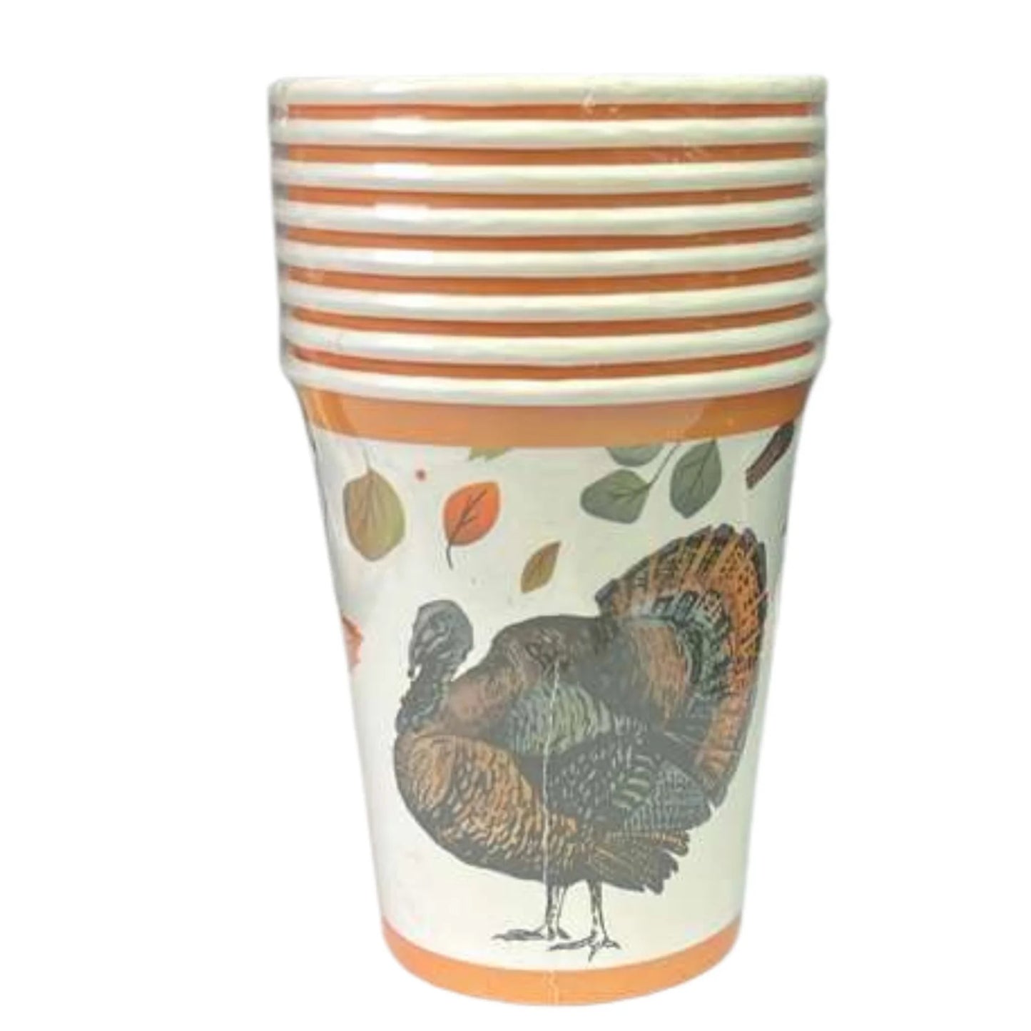 Ceramic cup with striped pattern and bird design on a white background