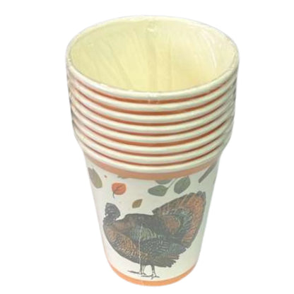 Stack of ceramic cups with a turkey design on a white background