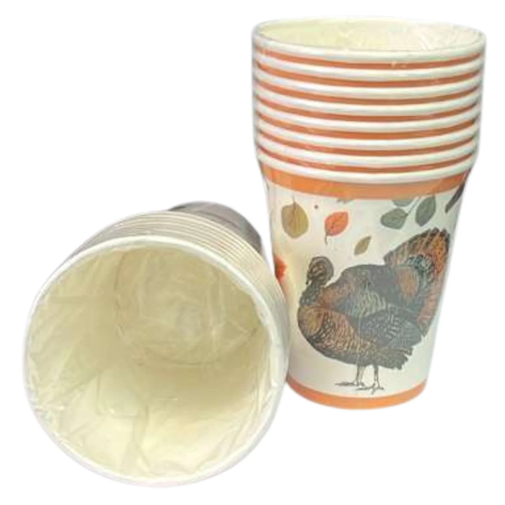 Set of paper cups with autumn-themed design on a white background