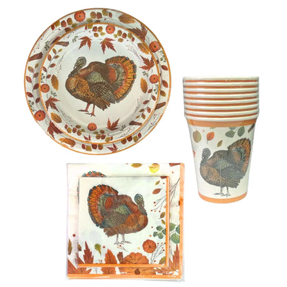 Thanksgiving-themed paper plates, cups, and napkins with turkey and leaf design on a white background.