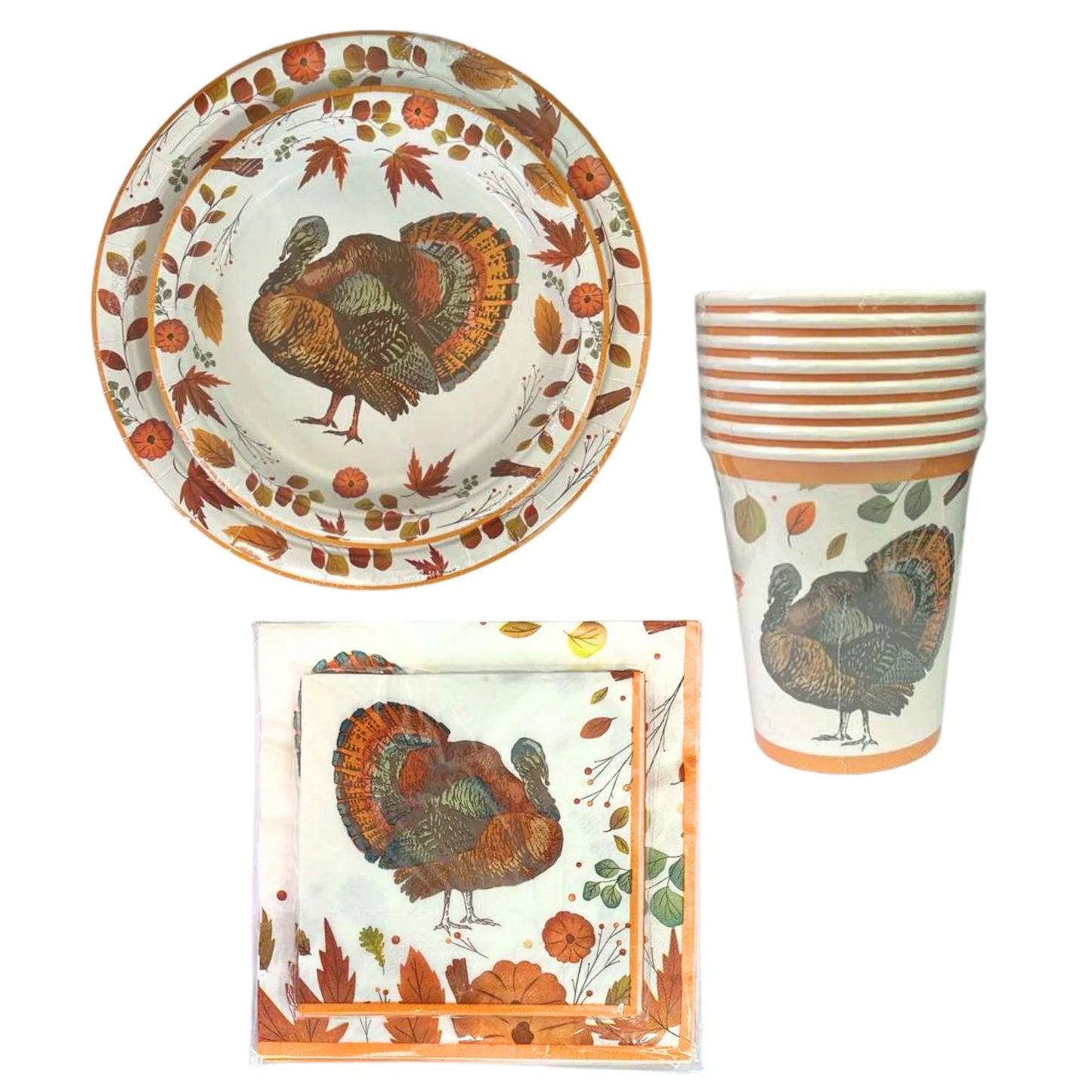Thanksgiving-themed paper plates, cups, and napkins with turkey and leaf design on a white background.