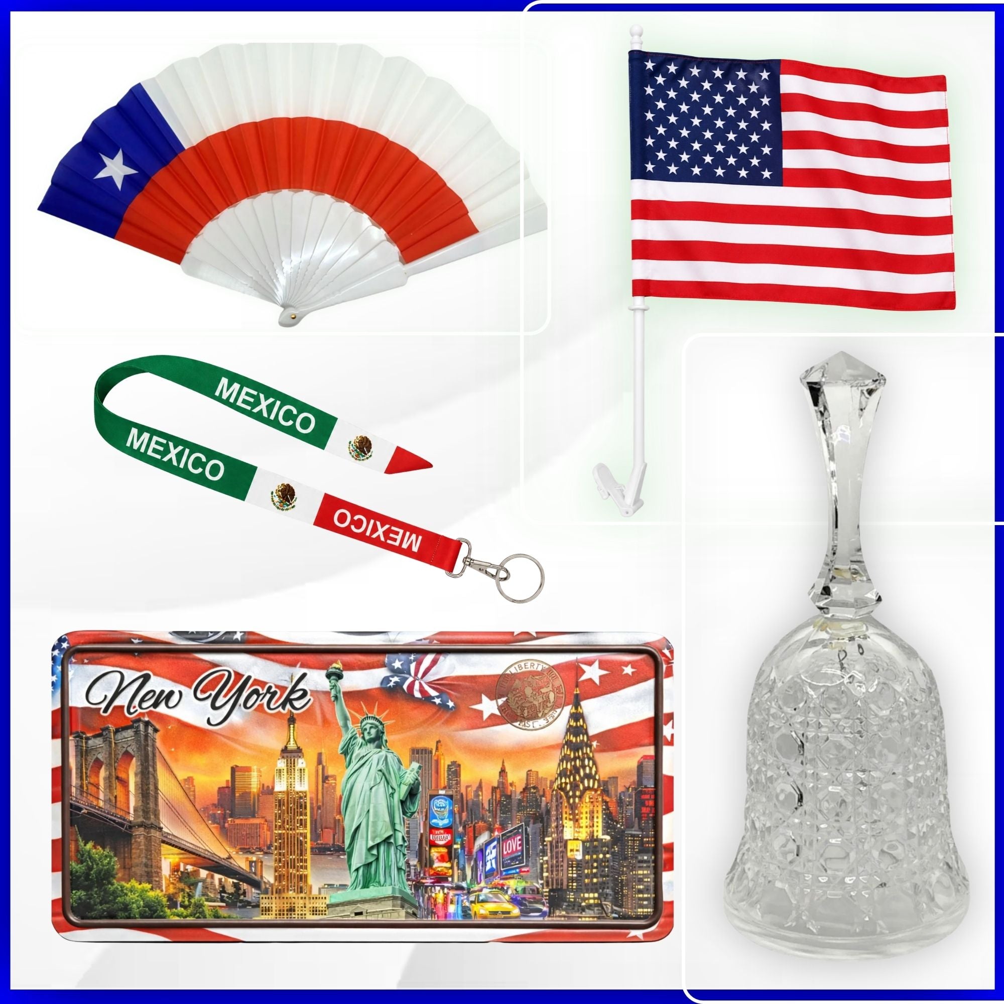 Collection of items including a fan, American flag, Mexico border stickers, keychain, New York-themed pouch, and bell on a white background.
