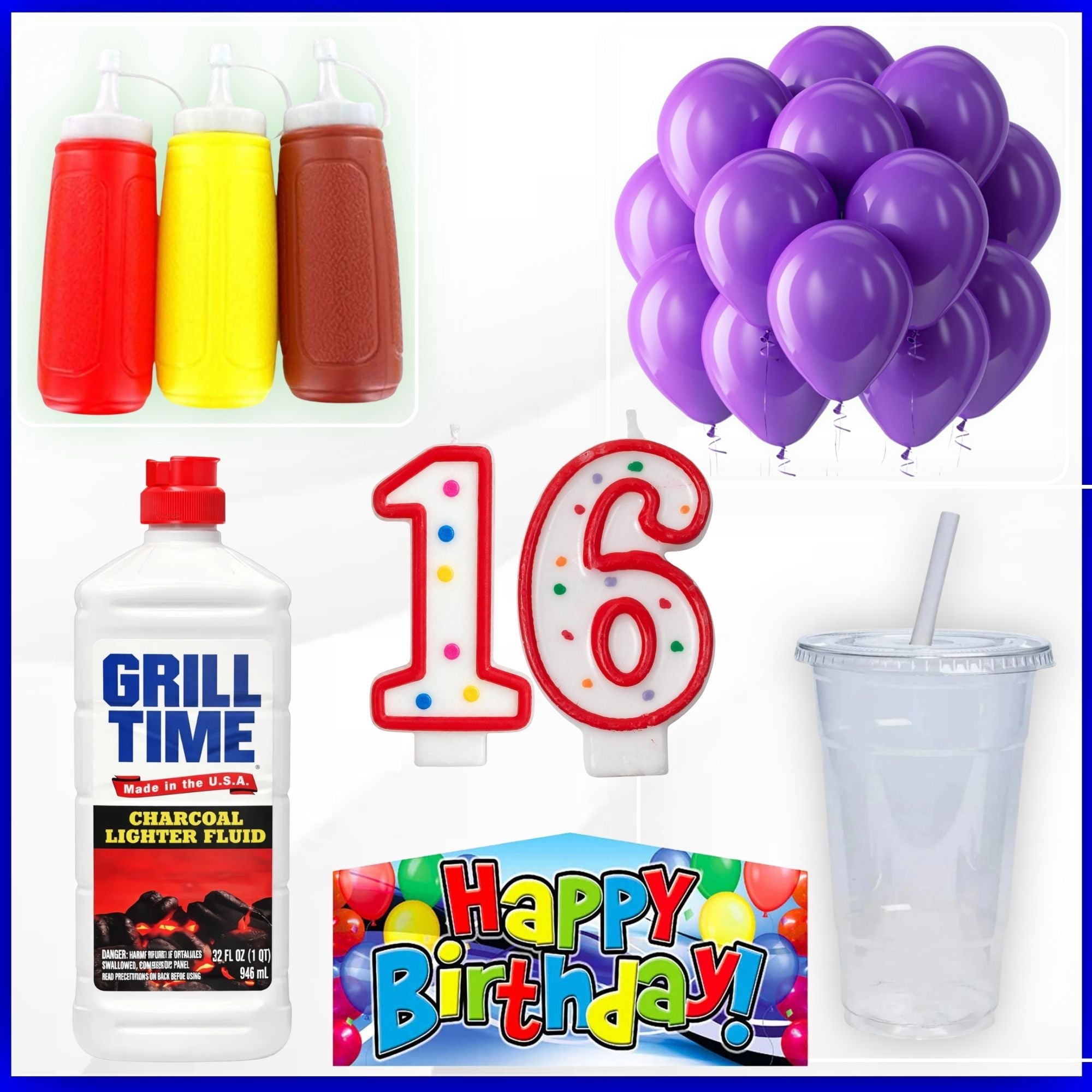 Collection of birthday party items including balloons, candles, and a grill lighter fluid bottle.