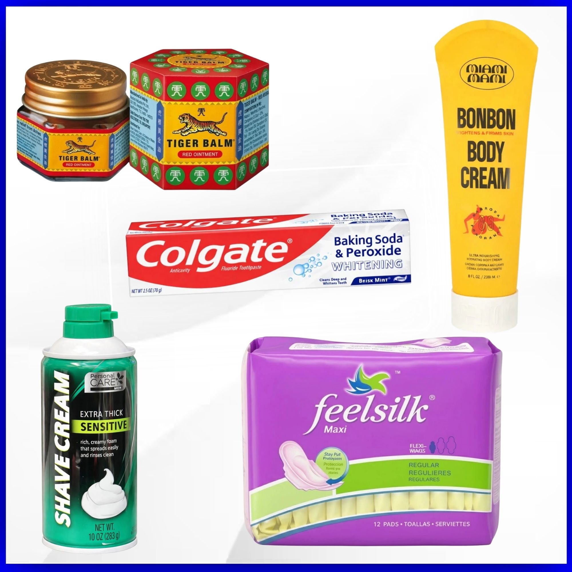 Collection of personal care products including Tiger Balm, Colgate toothpaste, and Feelsilk maxi pads on a white background.