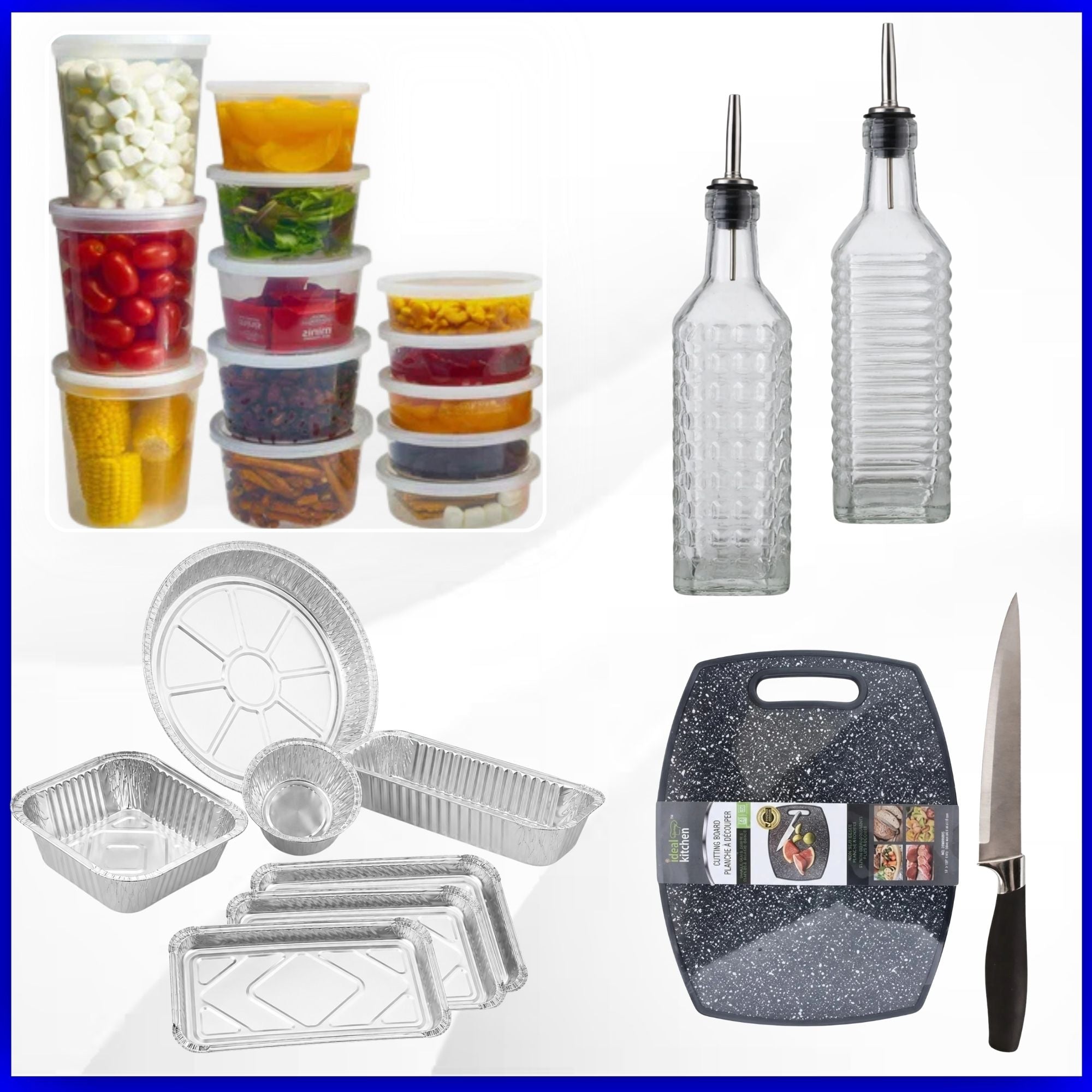 Collection of kitchen items including food containers, bottles, a cutting board, and a knife on a white background.