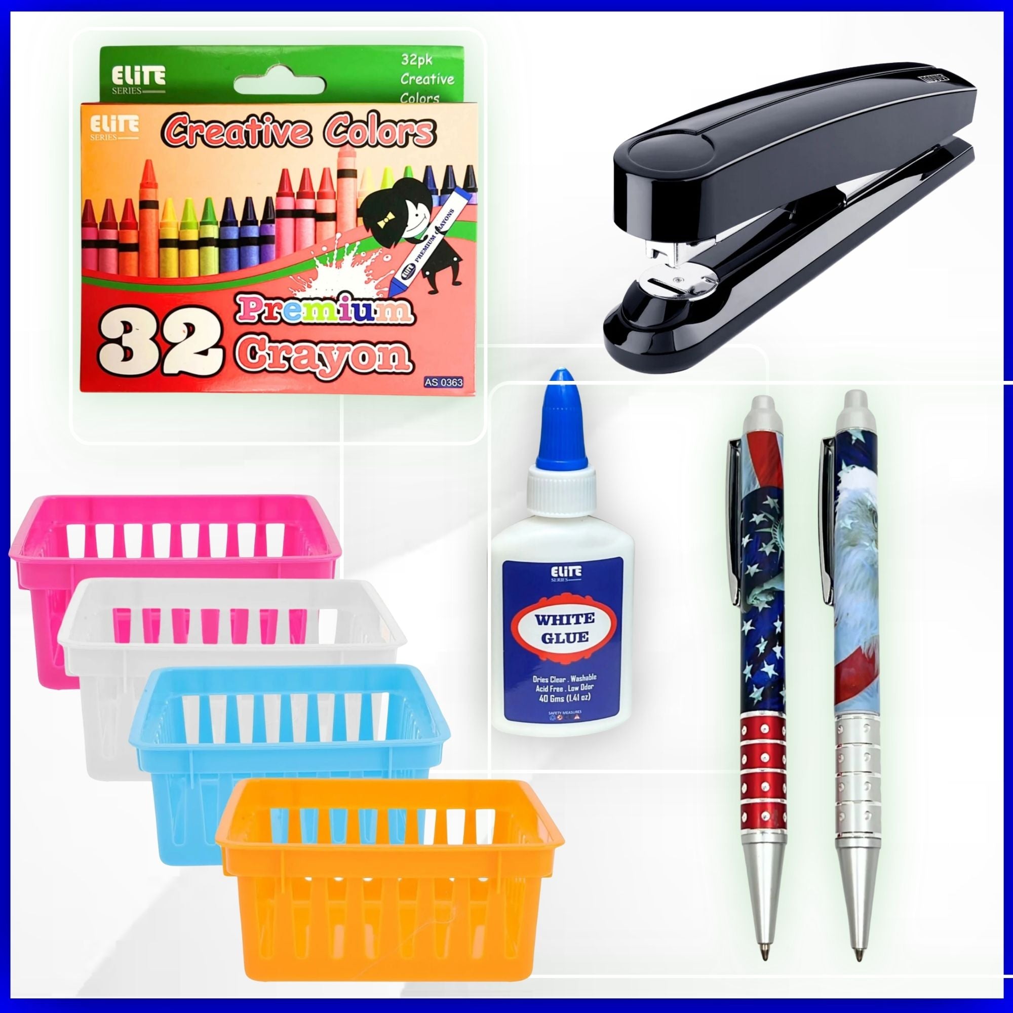 Assorted school supplies including crayons, a stapler, glue, and pens on a white background.