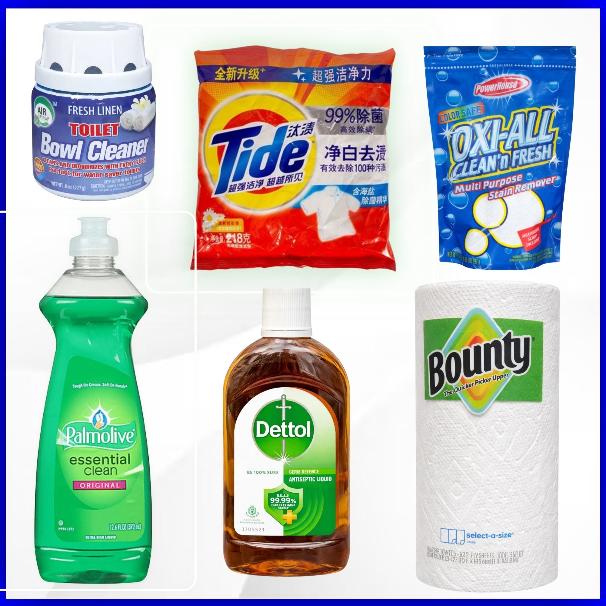 Collection of household cleaning products including Tide detergent, Palmolive dish soap, Dettol antiseptic liquid, and Bounty paper towels.