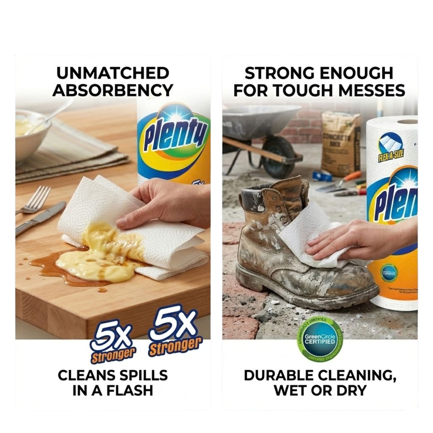 Plentu paper towels with images showing their absorbency and durability in cleaning spills and tough messes.