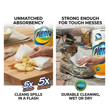 Plentu paper towels with images showing their absorbency and durability in cleaning spills and tough messes.