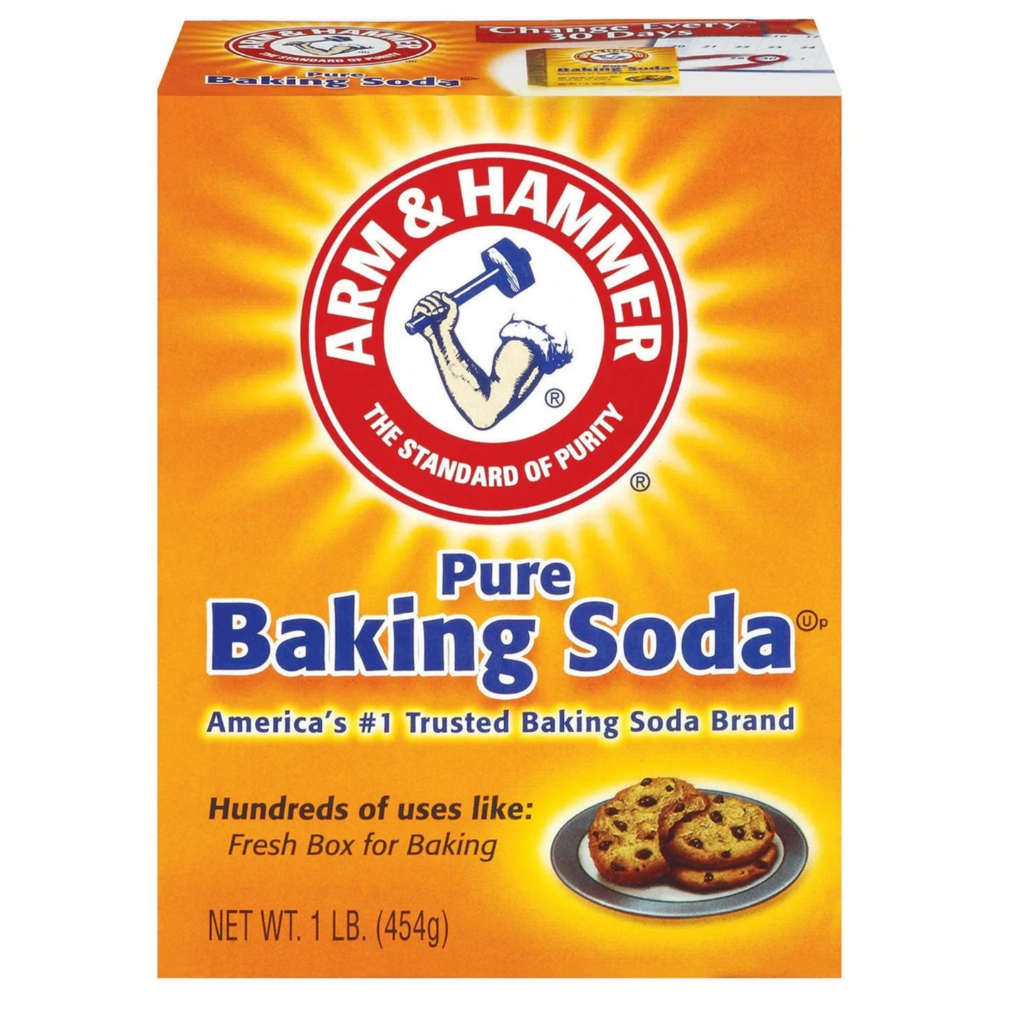 Box of Arm & Hammer Pure Baking Soda with branding and product details on a white background