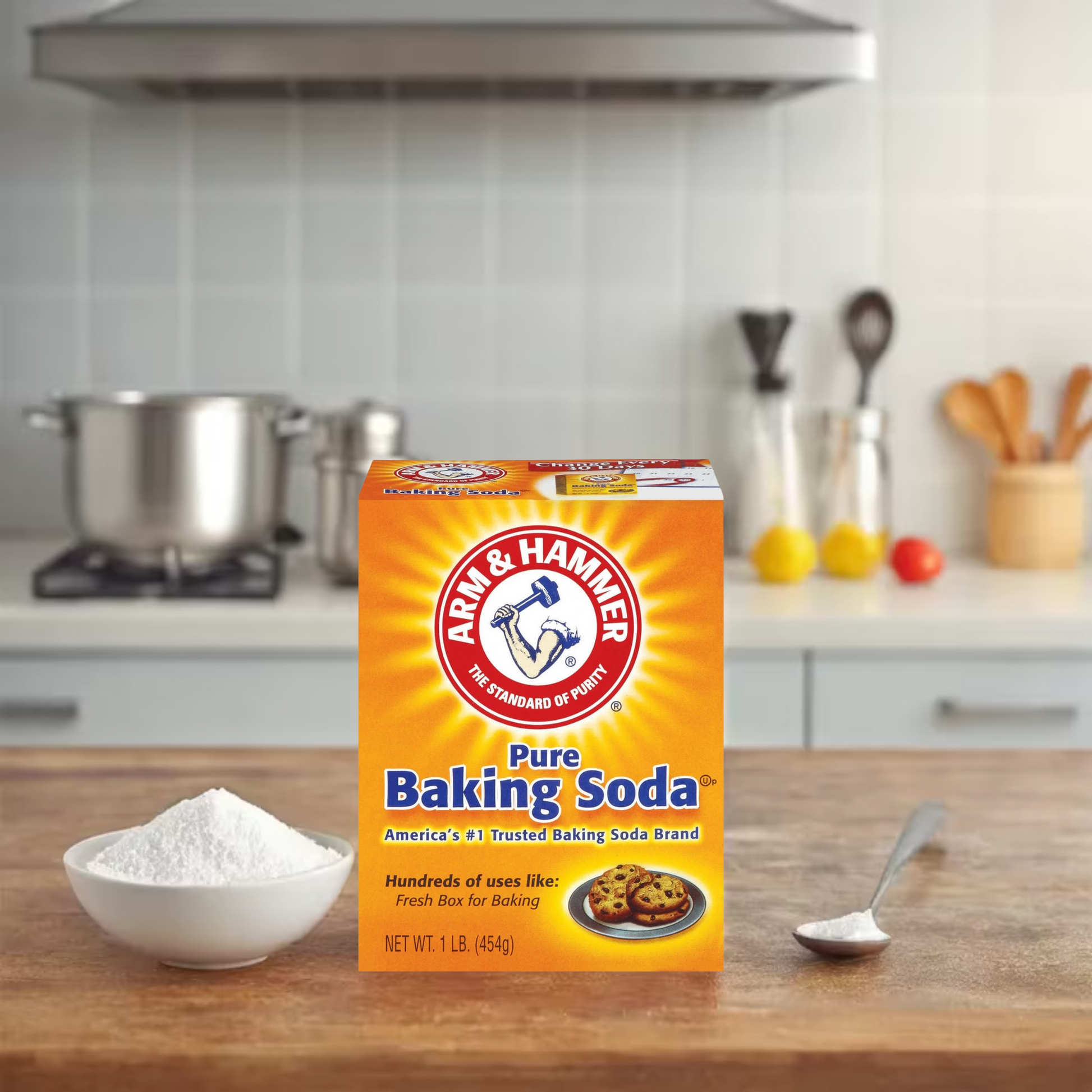 Box of Arm & Hammer baking soda on a kitchen counter with a bowl of baking soda and kitchen utensils in the background.