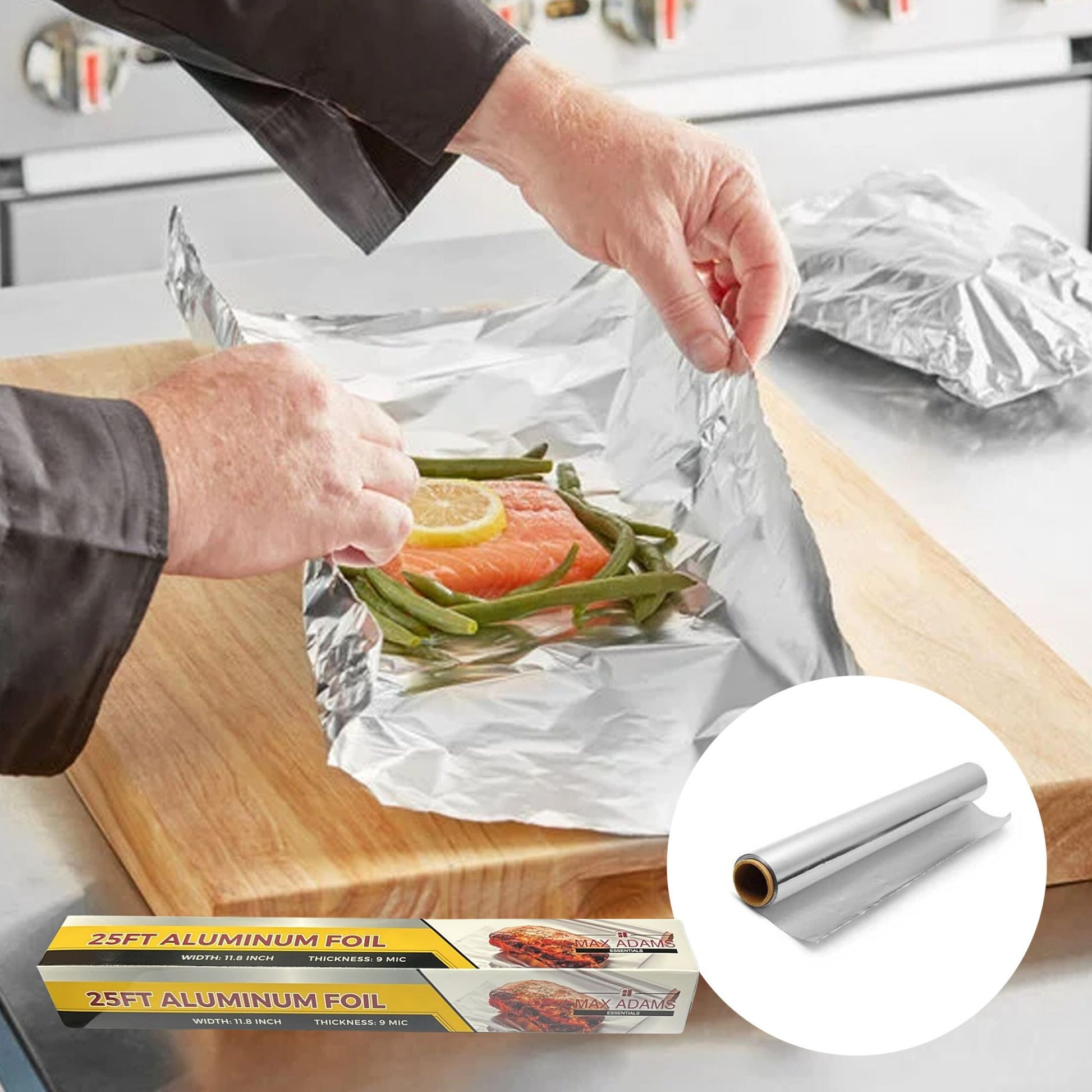 Person preparing food in aluminum foil with a close-up of the foil roll on a kitchen counter.