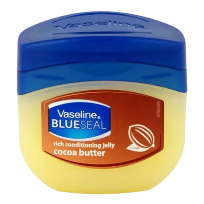 Vaseline jar with blue lid and cocoa butter label on a white background