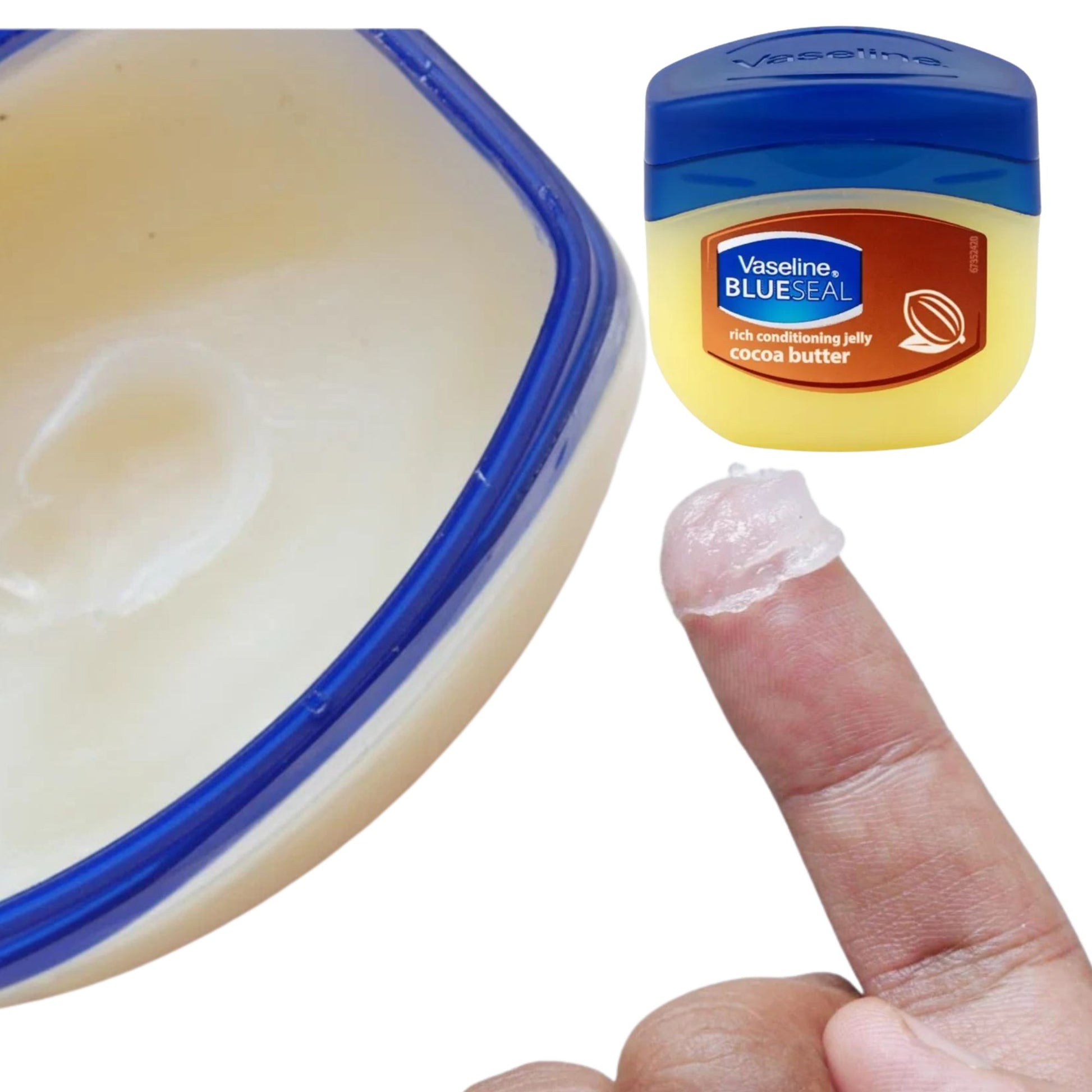 Vaseline lip balm container with a small amount of lip balm on a finger, next to a plastic container.