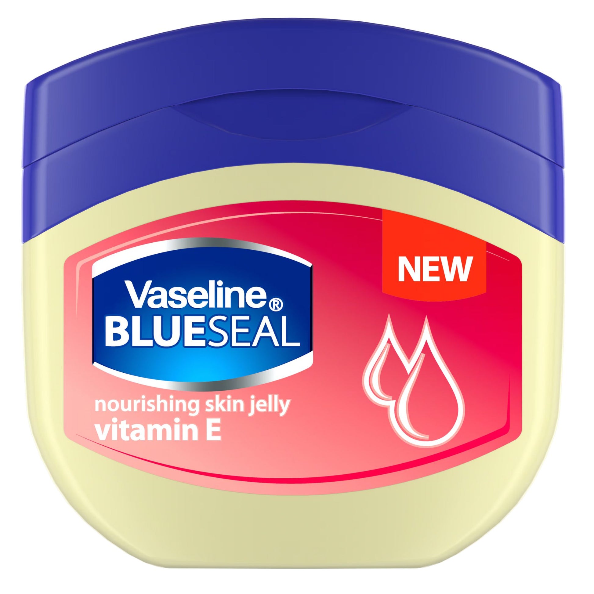 Vaseline Blue Seal nourishing skin jelly with vitamin E on a white background