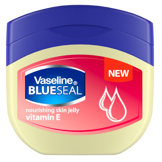 Vaseline Blue Seal nourishing skin jelly with vitamin E on a white background