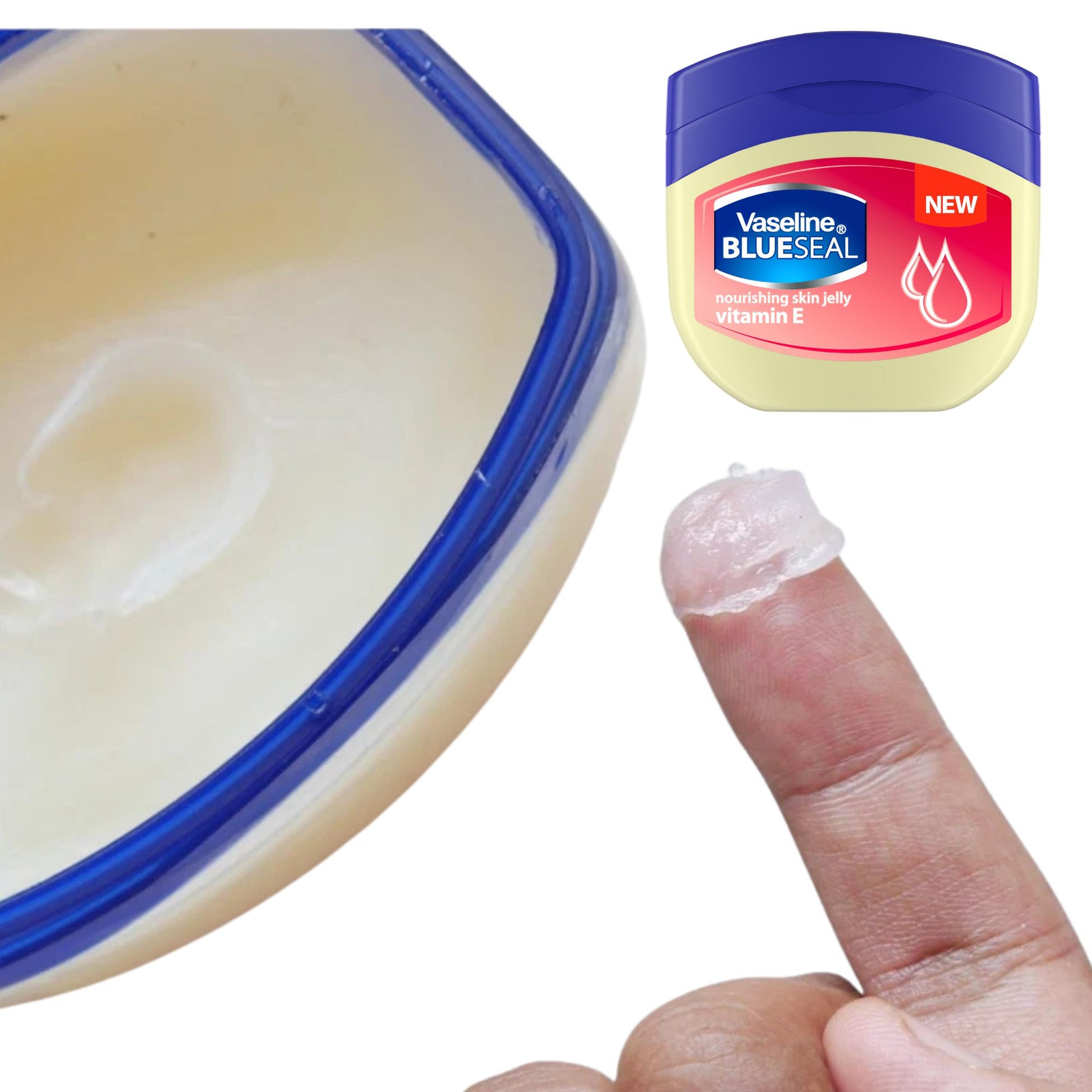 Vaseline Blue Seal jar with a container of jelly and a finger applying jelly.