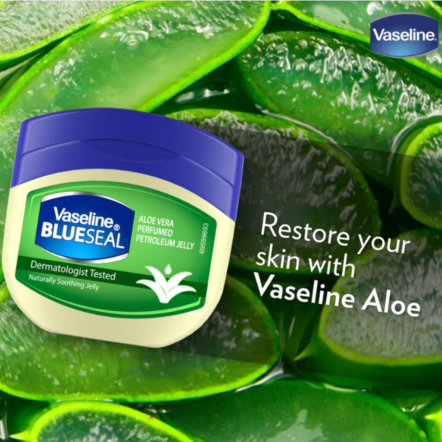 Vaseline Aloe Vera petroleum jelly jar with aloe vera leaves in the background