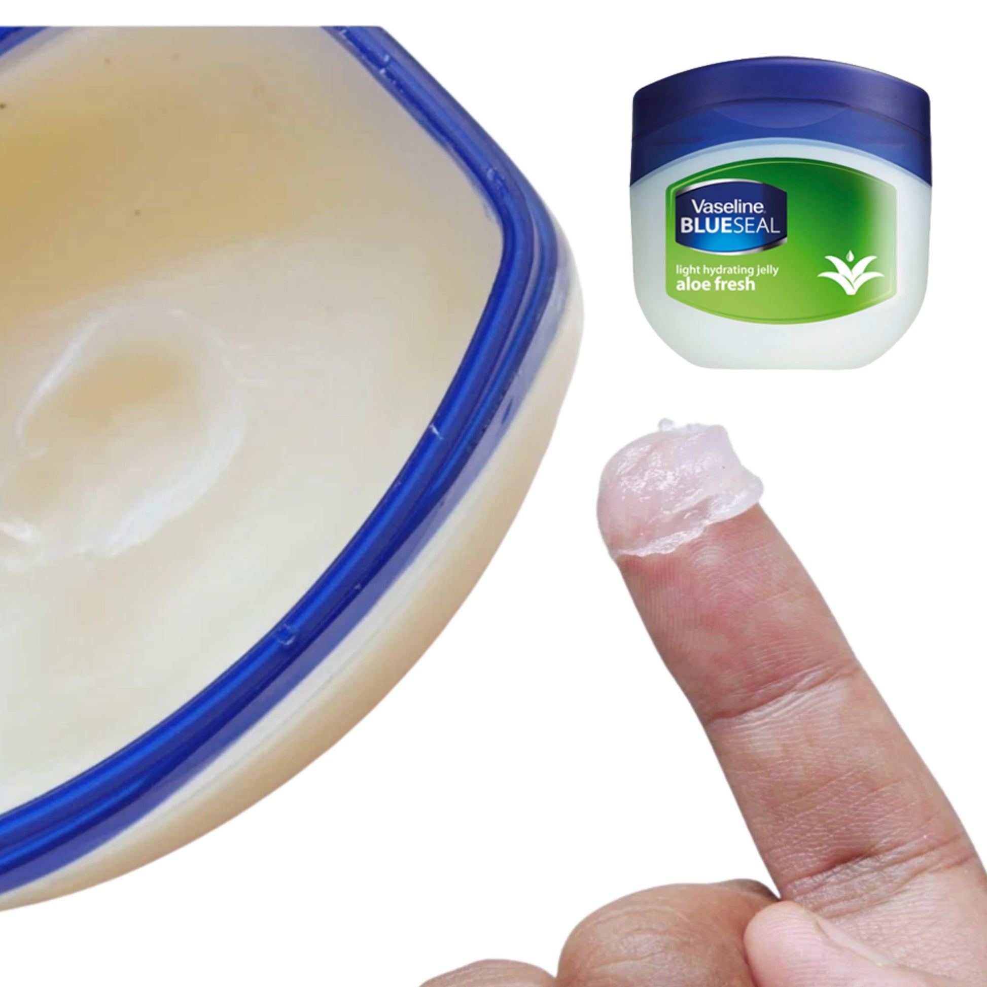 Vaseline Blue Seal aloe fresh jar with a hand applying jelly to a finger