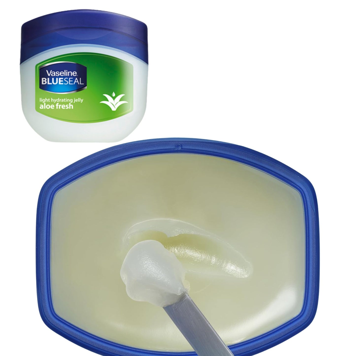 Vaseline aloe fresh jar with a close-up of the jelly inside on a white background